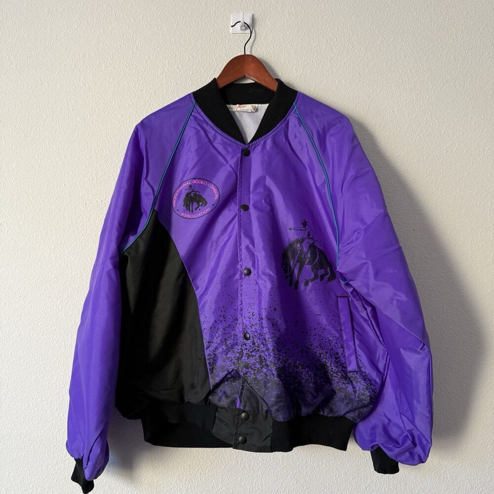 Vintage Rodeo America PRCA Bomber Jacket Men's L Purple Snap Front Western Rodeo